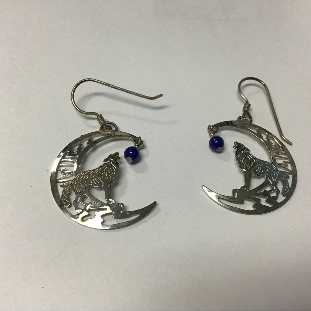 NWT Wild Bryde wolf crescent moon French wire earrings rhodium plated